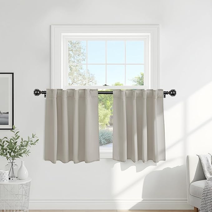 PONY DANCE Blackout Short Cafe Curtains, Privacy Light Block Small Window Curtains for Bedroom Kitchen Basement Dining Classroom, W 34 x L 36 inches, Cream, 2 Panels