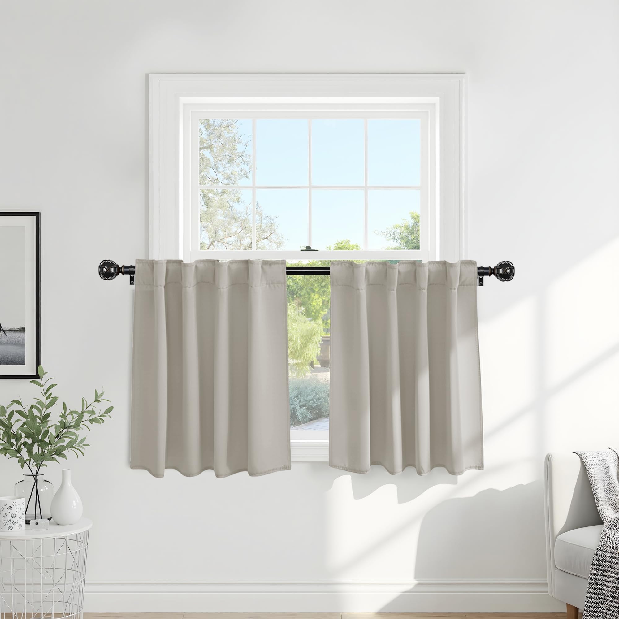 PONY DANCE Short Black Out Curtain Panels for Basement, Small Curtains for Bathroom, Thermal Insulated Tiers for Basement, 34x30 Inch, Cream, 2 Panels