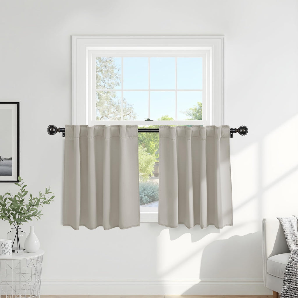 PONY DANCE Blackout Short Cafe Curtains, Privacy Light Block Small Window Curtains for Bedroom Kitchen Basement Dining Classroom, W 29 x L 30 inches, Cream, 2 Panels