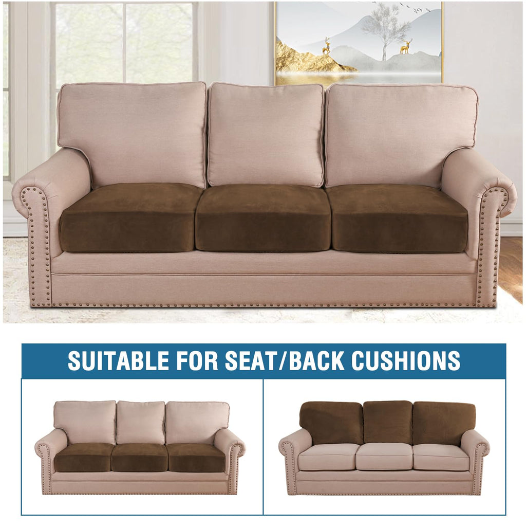 H.VERSAILTEX Velvet Stretch Couch Cushion Cover Plush Cushion Slipcover for Chair Loveseat Sofa Cushion Furniture Protector Seat Cushion Sofa Cover (3 Piece Sofa Cushion Covers, Bronze Brown)