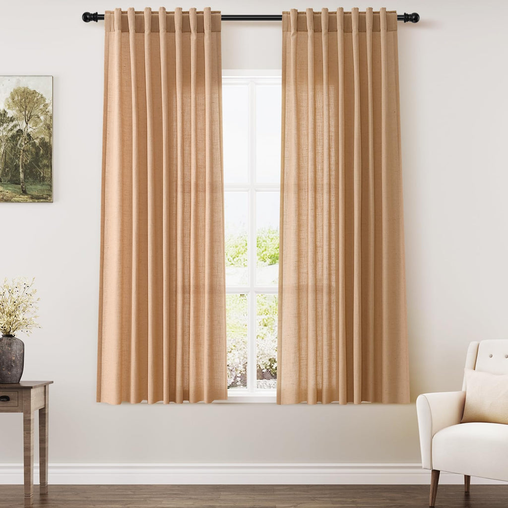 Nanspring Camel Linen Curtains 63 Inches Length 2 Panels Set for Living Room Back Tab Pocket Light Filtering Semi Sheer Drapes Modern Farmhouse Cotton Linen Textured Window Curtain 52X63 Inches