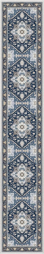 OPPODREAM Soft Entryway Rug 2x12, 2x12 Rug Runner, Washable Hallways Carpet 2 x 12 with Non Slip Backing, Low-Pile Bedside Carpet 2 x 12, Long, Faux Cashmere, Navy Blue & Gold
