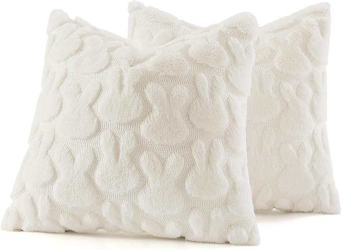 decorUhome Cream White Faux Fur Bunny Throw Pillow Covers 16x16 Set of 2