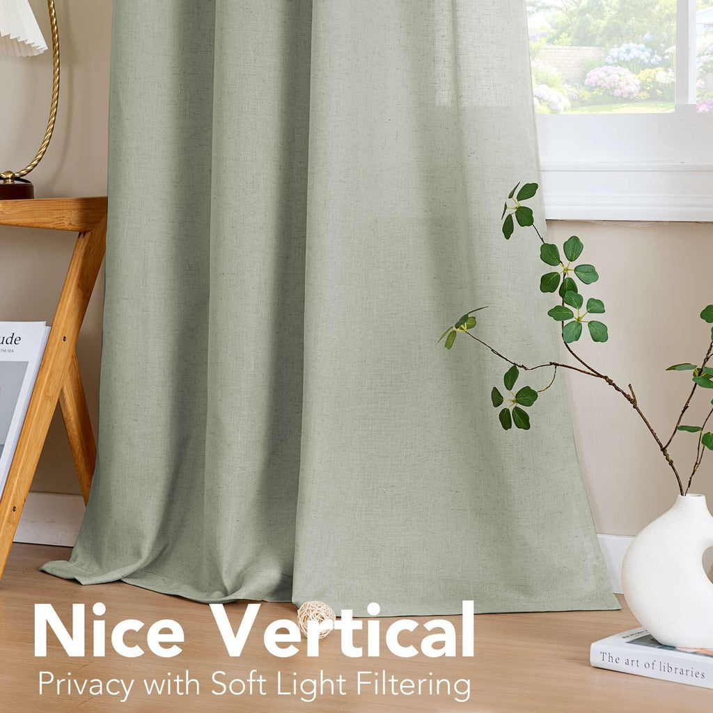 H.VERSAILTEX Elegant Natural Linen Blended Energy Efficient Light Filtering Linen Textured Semi Sheer Curtains/Nickel Grommet Window Treatments Panels/Drapes (Set of 2, Sage, 52" x 54")