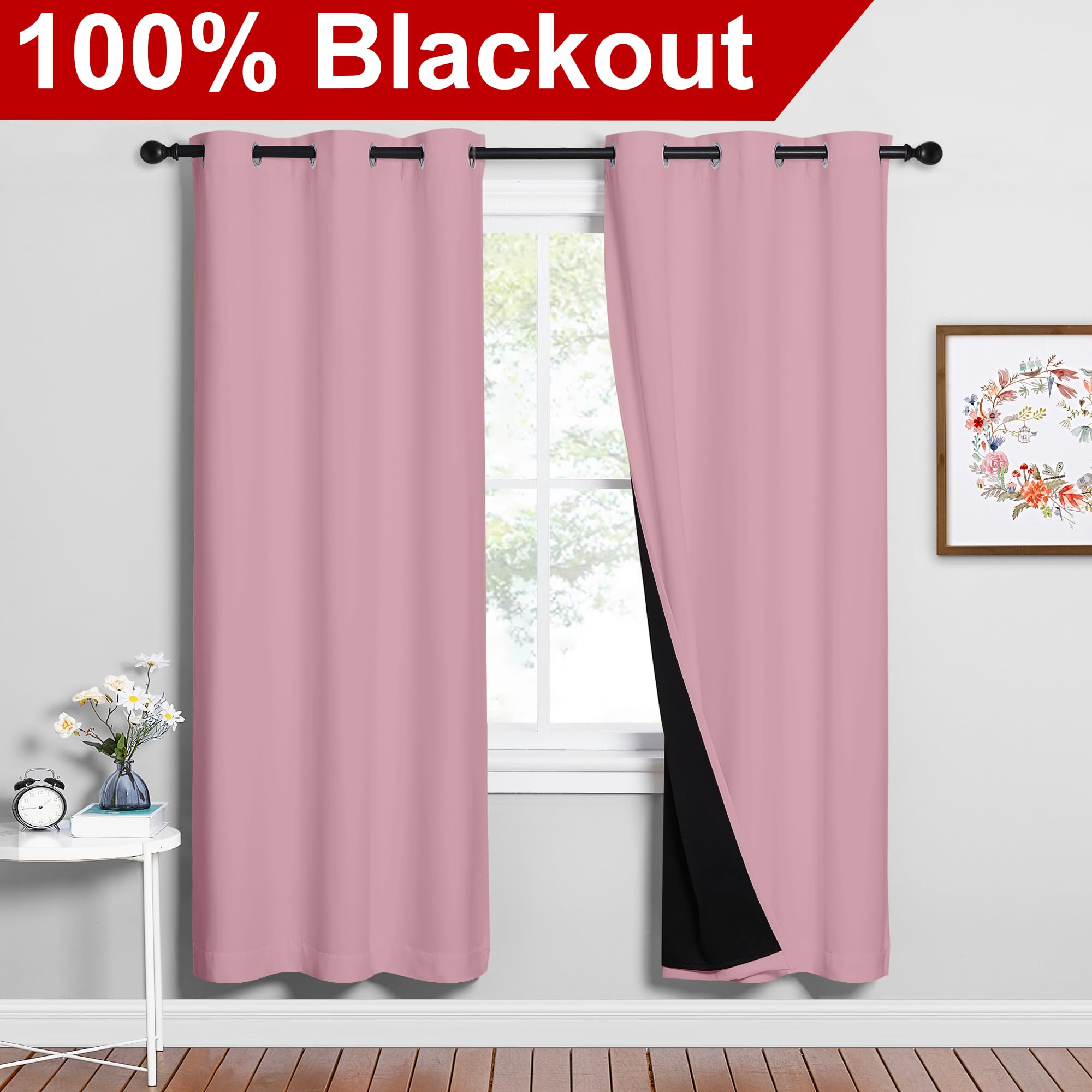 NICETOWN Crystal Pink Full Shade Curtain Panels, Pair of Energy Smart & Noise Blocking Out Blackout Drapes for Dining Room Window, Thermal Insulated Guest Room Lined Window Dressing(42 x 72 inch)