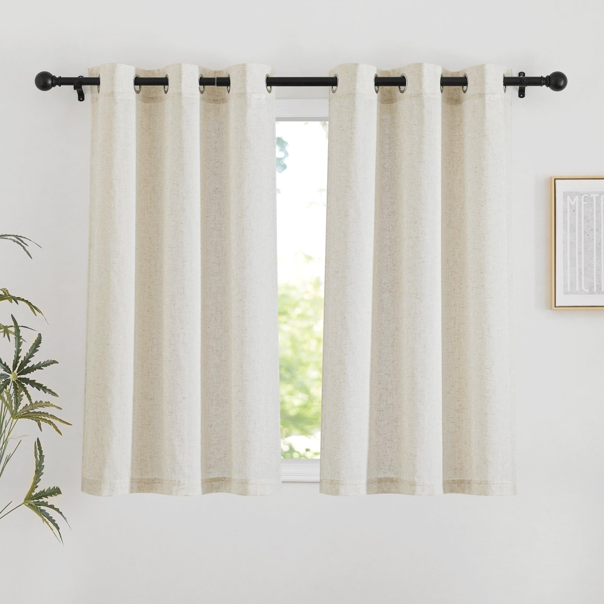 NICETOWN Natural Linen 54 inches Long Curtains for Bedroom, Thick Flax Window Treatments Semi Sheer Privacy Assured with Light Through for Nursery/Bathroom, W42 x L54, 2 Panels