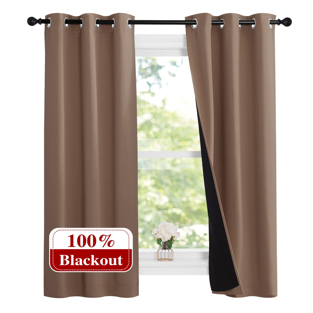 NICETOWN Cappucciono Kitchen Full Blackout Short Curtain Panels, Super Thick Insulated Window Covers, Keeping Out Cold Air and Heat 100% Blackout Blinds with Black Liner (Set of 2, 37 by 63-inch)