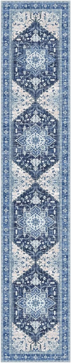 Yamaziot Washable Runner Rug, 2x10 Non-Slip Boho Vintage Hallway Rug Runner with Rubber Backing, Stain Resistant & Low Pile Faux Wool Distressed Carpet Runner for Kitchen, Laundry, Entrance, Blue