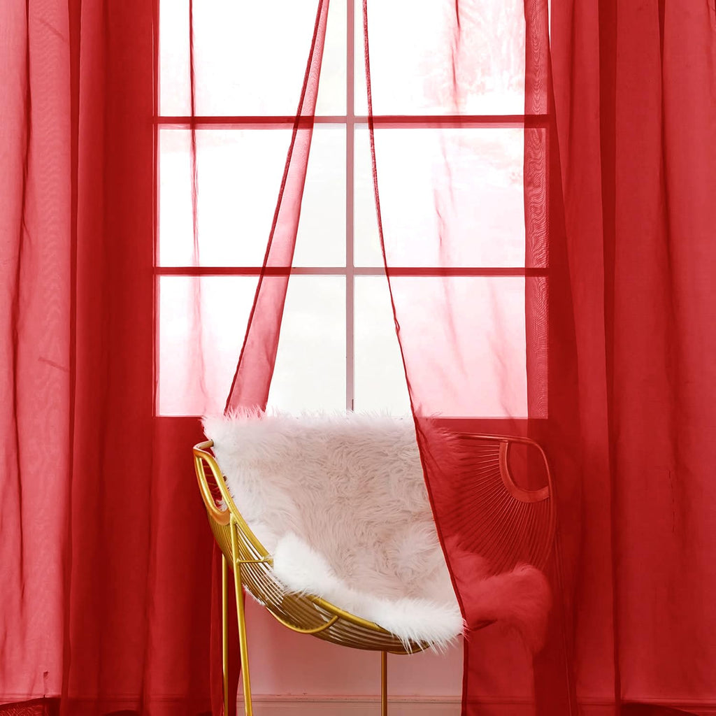 SpaceDresser Sheer Voile Window Treatment Rod Pocket Curtain Panels for Kitchen Bedroom Living Room Drapes Sunlight Filtering Privacy Semi Home Decor Assorted Colors Sizes (Christmas Red, 52 W x 90 L)