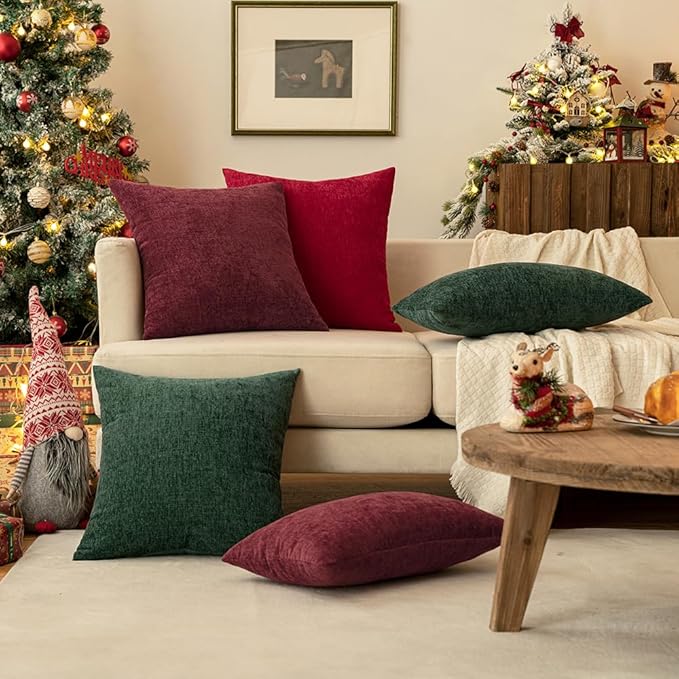 MIULEE Pack of 2 Green Throw Pillow Covers 18x18 Inch Soft Chenille Pillow Covers for Sofa Living Room Couch Solid Dyed Cases