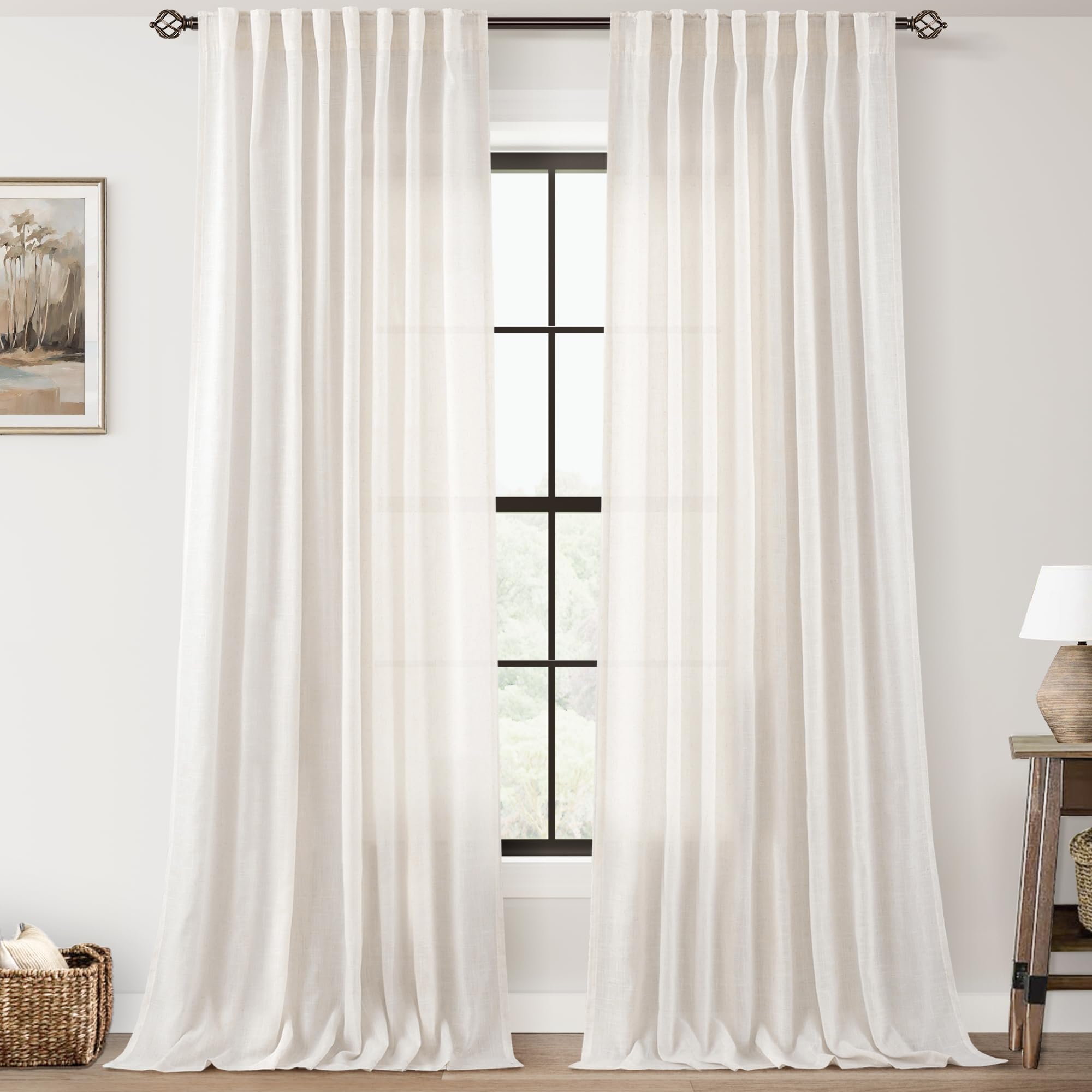 2 Panels Set Cream Linen Curtains 132 inches Long For Living Room Neutral Farmhouse Light Filtering Semi Sheer Linen Drapes 132 inch Ceiling To Floor For Large Window Villa Hallway Ivory FT 60x132