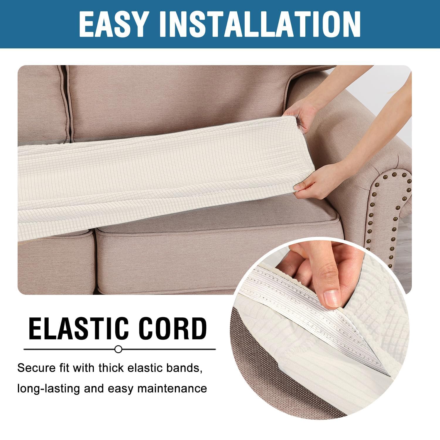 H.VERSAILTEX Super Stretch Individual Seat Cushion Cover Sofa Covers Couch Cushion Covers Slipcover Sets Thick Jacquard Textured Twill Fabric (3 Piece Sofa Cushion Covers, Porcelain White)