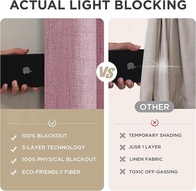 Joydeco Blackout Curtains for Bedroom - 100% Light Blocking 2 Panels Set Pink Drapes 42" W x 96" L, Thermal Insulated Room Darkening Curtains, Linen Textured for Living Room, Rod Pocket & Back Tabs