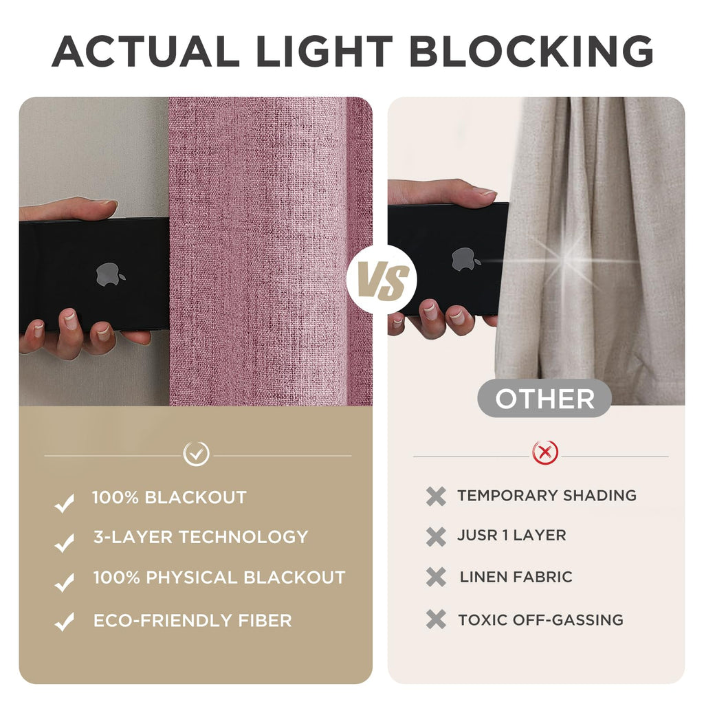 Joydeco Linen Blackout Curtains for Bedroom - 100% Light Blocking 1 Panels, Pink Drapes 100" W x 108" L, Thermal Insulated Room Darkening Curtains for Living Room, Rod Pocket & Back Tabs