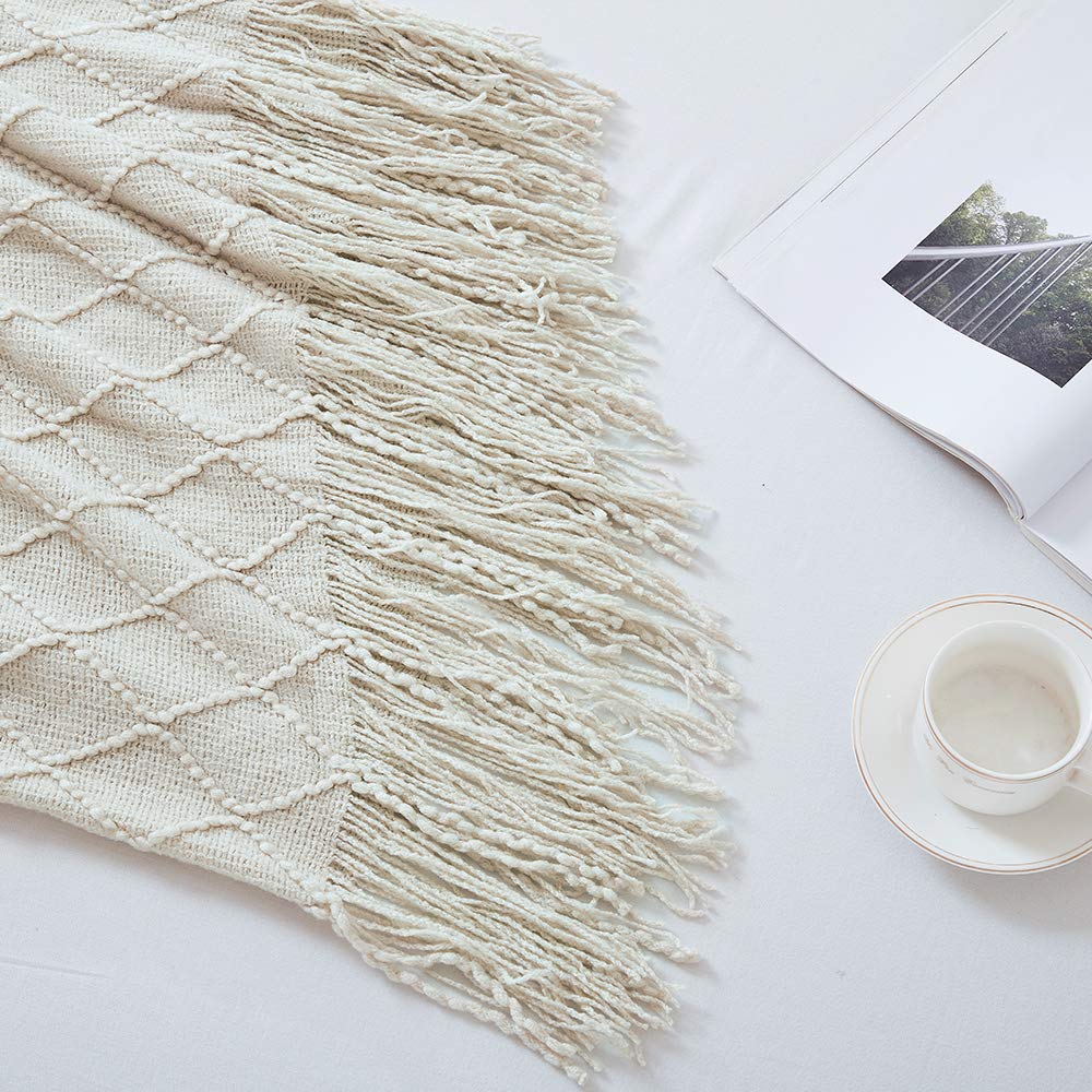 BOURINA Beige Throw Blanket 60x80 Inch Boho Knitted Soft Throw Sofa Blanket