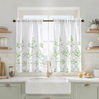 HOMEIDEAS Kitchen Curtains, Short Non-See-Through Privacy 30X36 Inch Length Tier Curtains, Green and White Leaf Floral Print Light Filtering Semi Sheer Small Window Drapes for Bathroom Cafe, 2 Panels