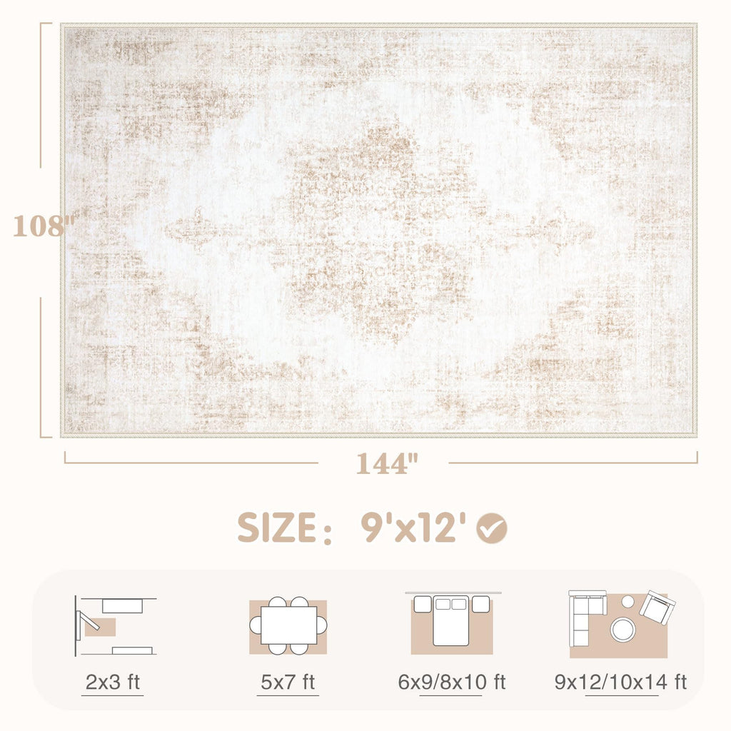 Area Rug 9x12 Vintage Rugs: Large Washable Living Room Rug Retro Medallion Distressed Soft Low Pile Non-Slip Rugs Indoor Floor Carpet for Bedroom Dining Table Office (Beige,9'x12')