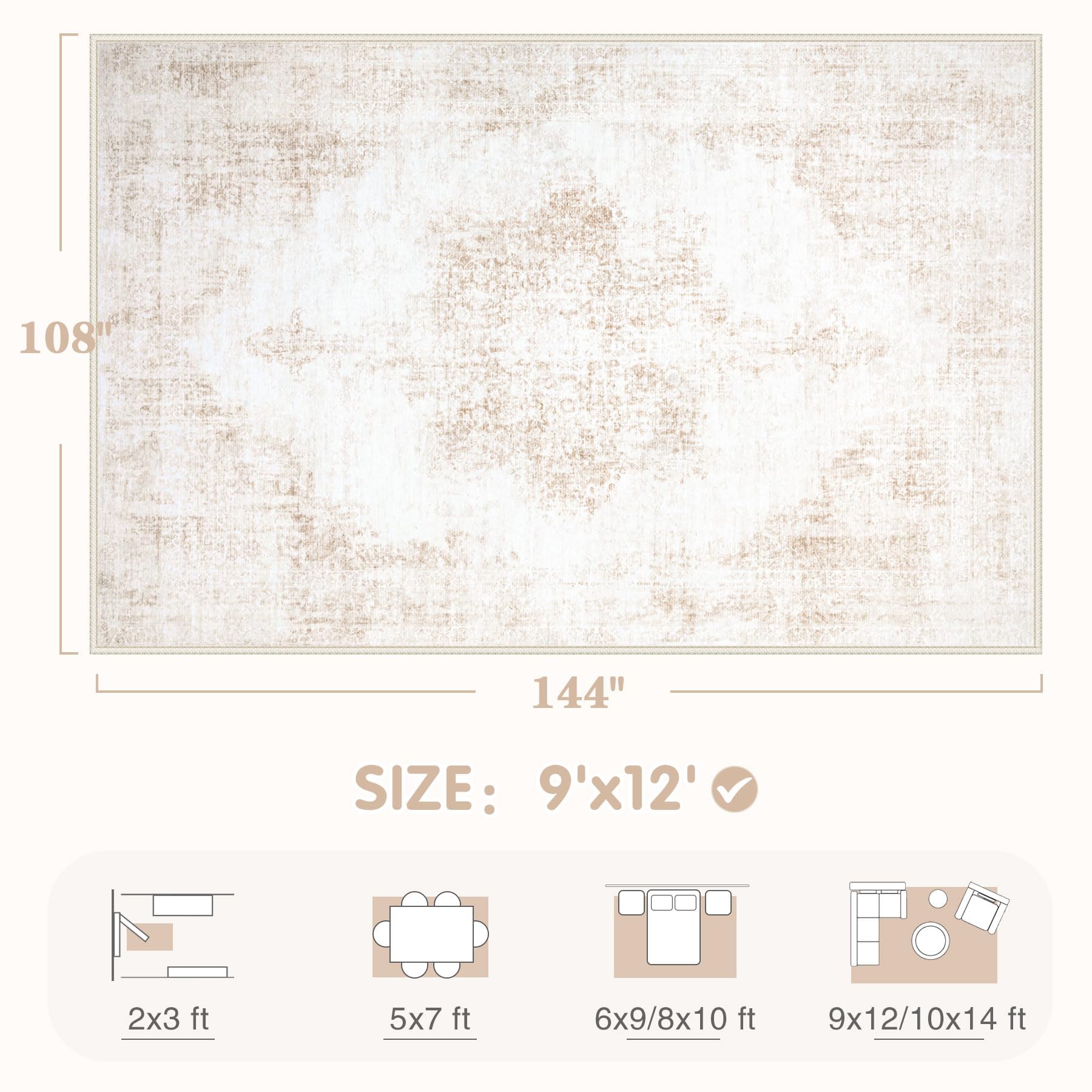 Area Rug 9x12 Vintage Rugs: Large Washable Living Room Rug Retro Medallion Distressed Soft Low Pile Non-Slip Rugs Indoor Floor Carpet for Bedroom Dining Table Office (Beige,9'x12')