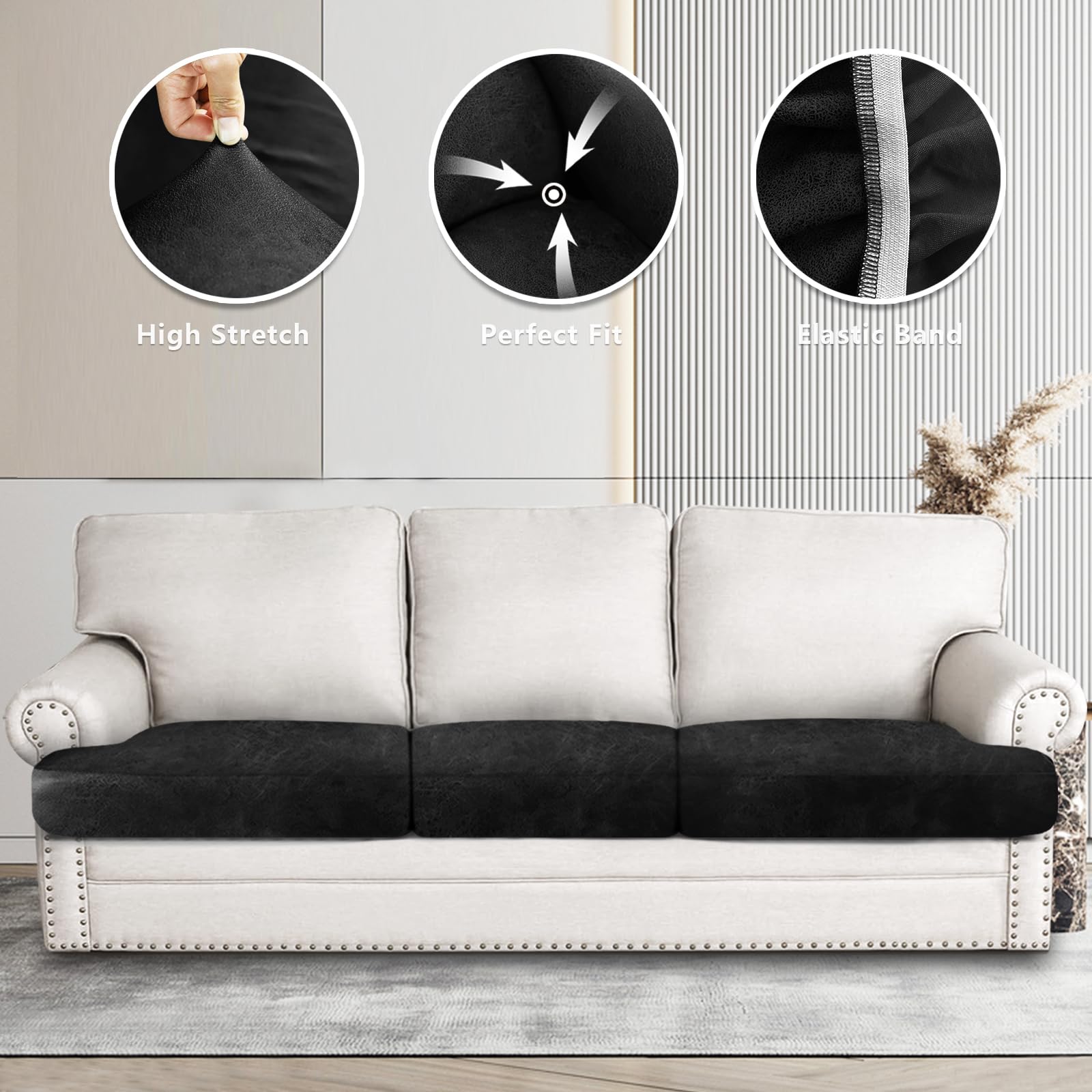 ANARACHON Leather Look Couch Cushion Covers Sofa Seat Slipcovers Sets Couches Furniture Protector for Sectional Armchair Loveseat Pets Kids Stretch Spandex Fabric (3 T-Cushion Sofa, Brown)