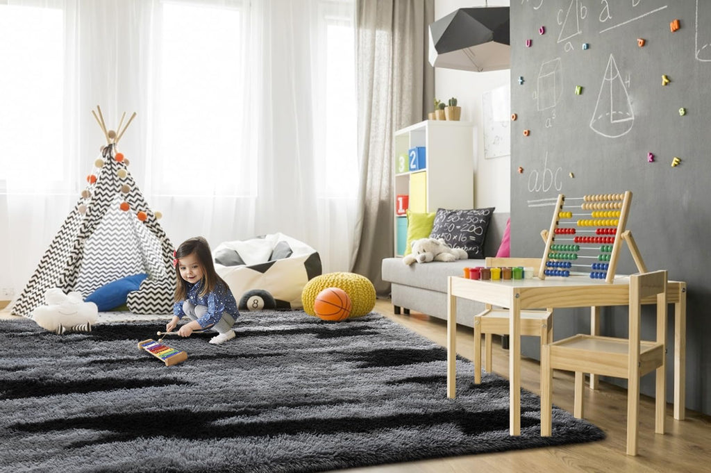 TWINNIS Super Soft Shaggy Rugs Fluffy Carpets, 5x8 Feet, Indoor Modern Plush Area Rugs for Living Room Bedroom Kids Room Nursery Home Decor, Upgrade Anti-Skid Rectangular Fuzzy Rug, Black Gray