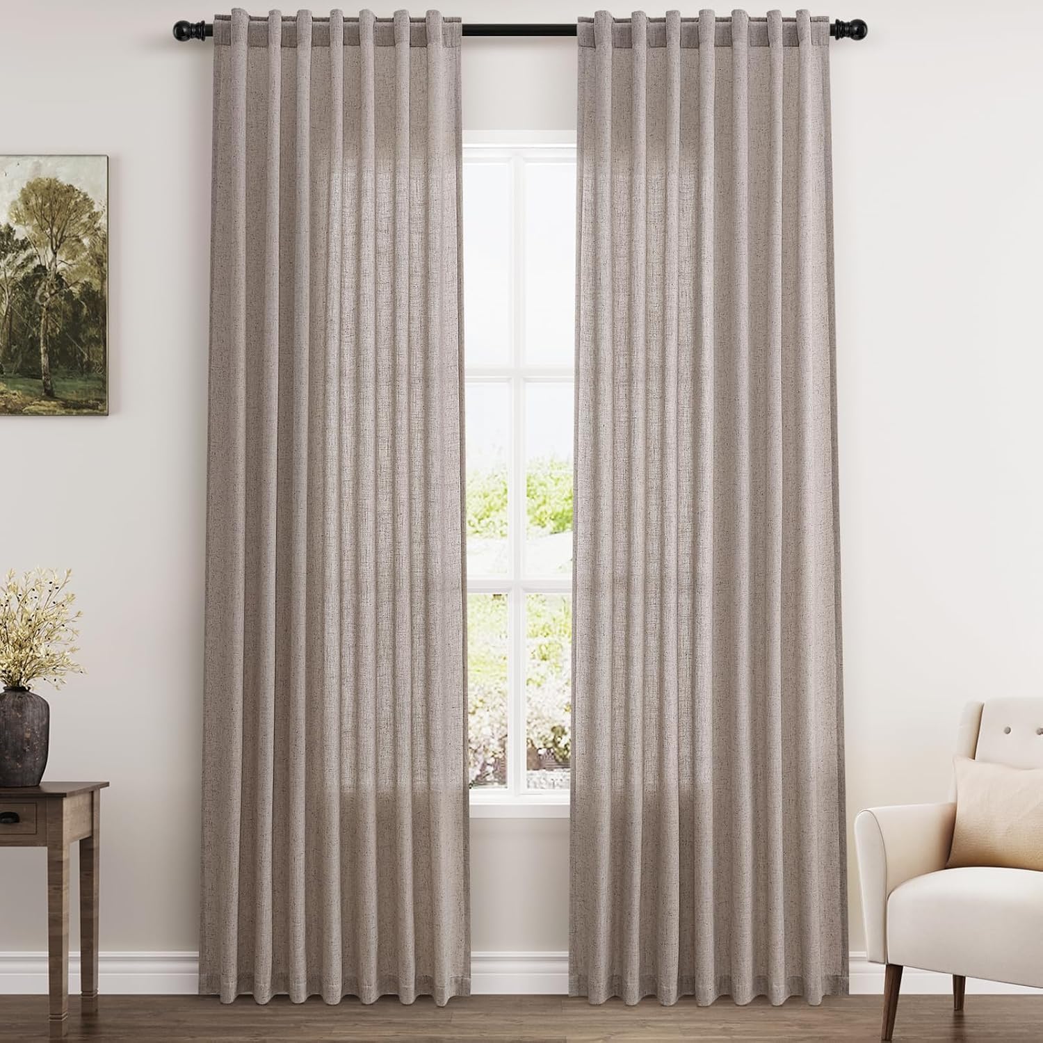 Nanspring Mist Sage Linen Curtains Semi Sheer 96 Inches Long 2 Panels Set for Living Room Back Tab Rod Pocket Light Filtering Drape for Bedroom Modern Farmhouse Coastal Decor Protect Privacy 52x96 — 기타