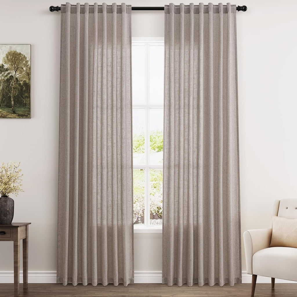 Nanspring Brownish Grey Linen Curtains for Living Room 86 Inches Long Back Tab Light Filtering Semi Sheer Curtain Modern Farmhouse Decor for Bedroom Office Luxury Textured Drapes 52x86, 2 Panels