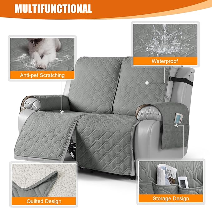 VANSOFY Waterproof Recliner Loveseat Covers Washable, Gray,2 Seater