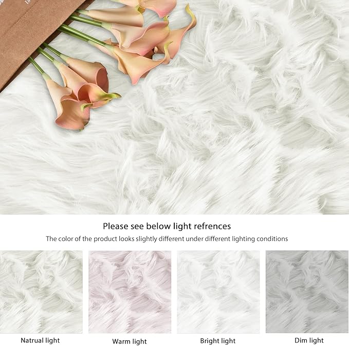 ORINOVA White Fluffy Faux Fur Rugs for Bedroom Sheepskin Machine Washable Shag Area Rugs for Living Room Small Circle Boho Round Rug 3ft