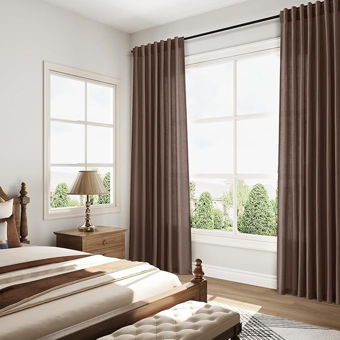 Cappuccino Linen Curtains for Living Room 98 Inches Long Light Filtering Semi Sheer Curtain Back Tab Rod Pocket Luxury Modern Rustic Home Decor Neutral Drapes for Bedroom Dinner Room 52x98, 2 Panels