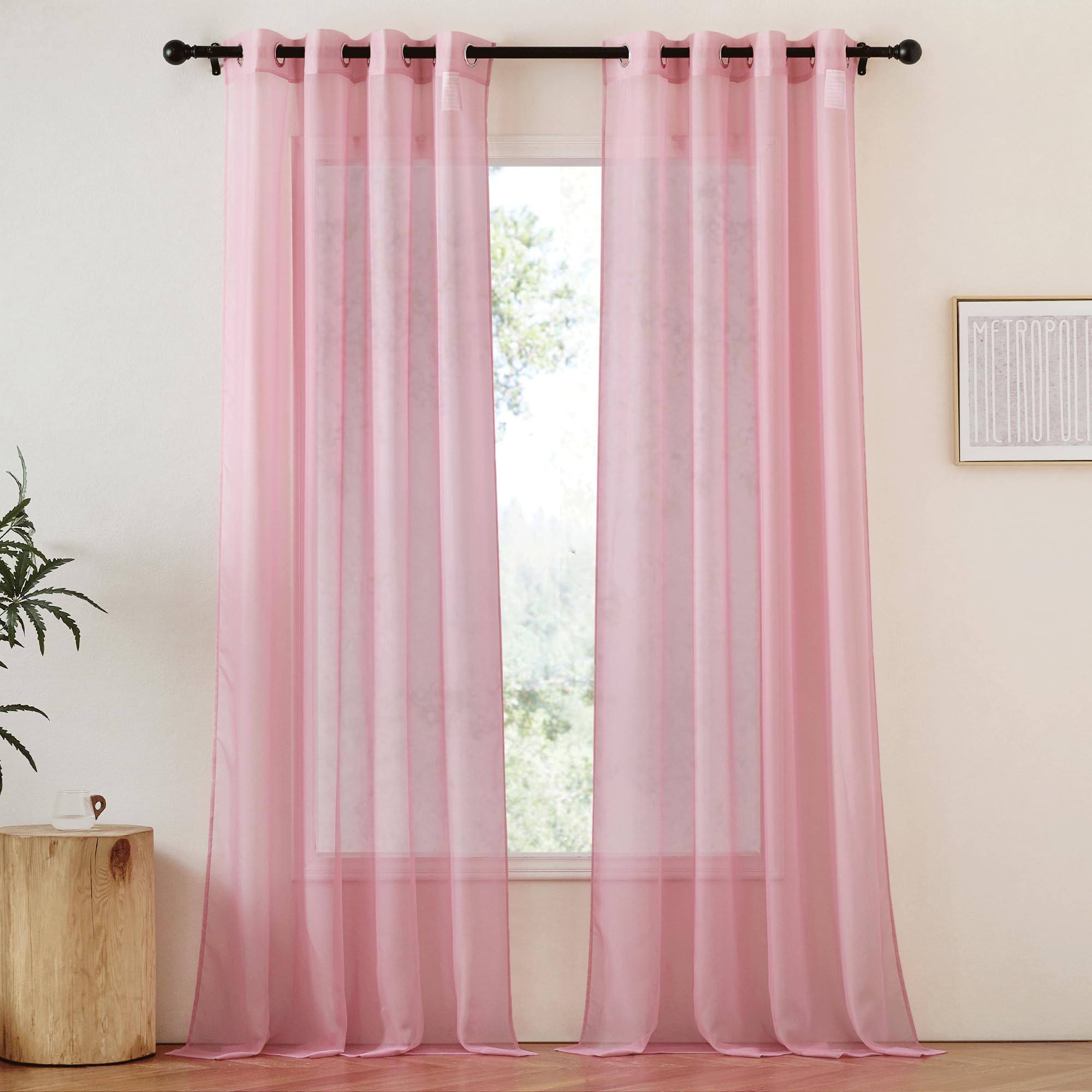 NICETOWN Pink Sheer Curtains for Living Room, Grommet Lightweight Gauzy Textured Sheer Panels Light Filtering Window Treatment for Girls Room, W54 x L108, 2 Panels