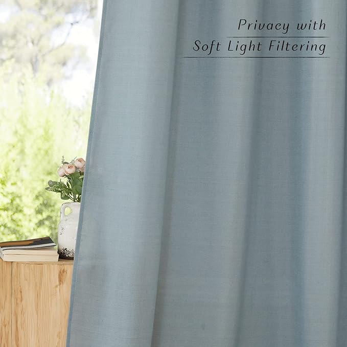 NICETOWN Stone Blue Short Linen Curtains for Kitchen, Thick Flax Small Window Treatments Semi Sheer Privacy Assured with Light Through for Cafe/Bathroom, W42 x L48, 2 Panels