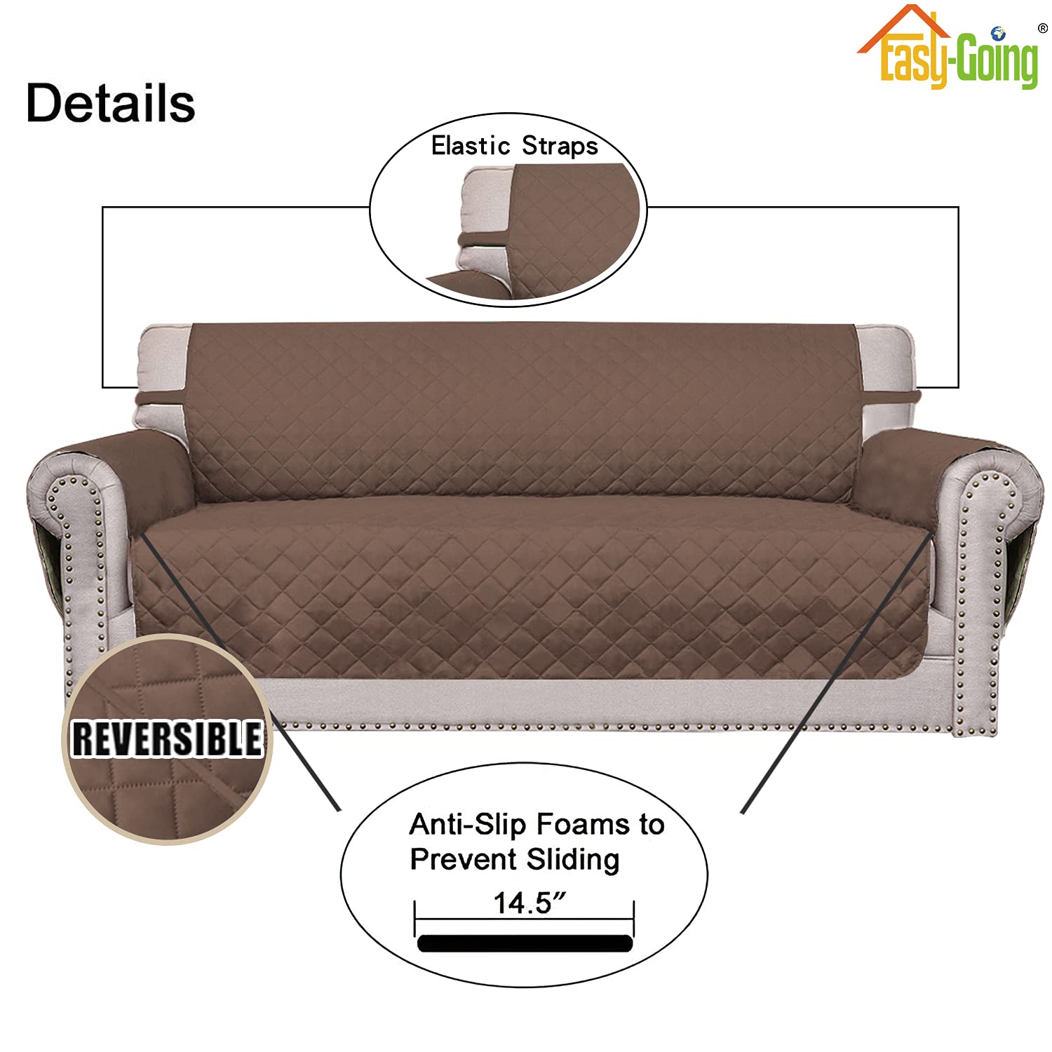 Easy-Going Reversible Oversized Couch Cover for 3 Cushion Couch Sofa Cover for Dogs Water Resistant Furniture Protector Cover with Foam Sticks for Pet (Oversized Sofa, Brown/Brown)