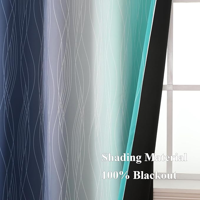 Estelar Textiler Navy Blue and Teal Blackout Curtains 54 Inch Length, Full Light Blocking Gradient Grommet Drapes for Living Room, Thermal Insulated Ombre Curtains for Bathroom,52Wx54L,2 Panels