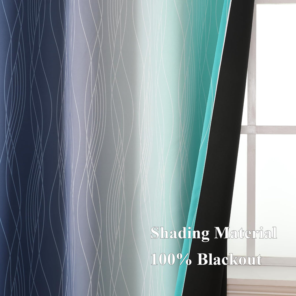 Navy Blue and Teal Gradient Blackout Curtains for Living Room 84 Inch Long