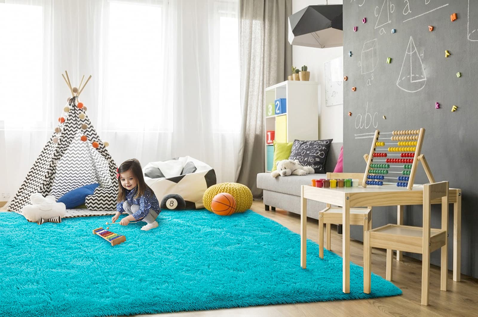 TWINNIS Super Soft Shaggy Rugs Fluffy Carpets, 5x8 Feet, Indoor Modern Plush Area Rugs for Living Room Bedroom Kids Room Nursery Home Decor, Upgrade Anti-Skid Rectangular Fuzzy Rug, Blue