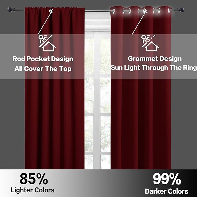 RYB HOME Blackout Bathroom Window Curtains, Short Thermal Insulated Heat Blocking Rod Pocket Half Window Curtain Tiers for Nursery Bedroom, Width 42 by Length 30, Burgundy Red, 2 Panels