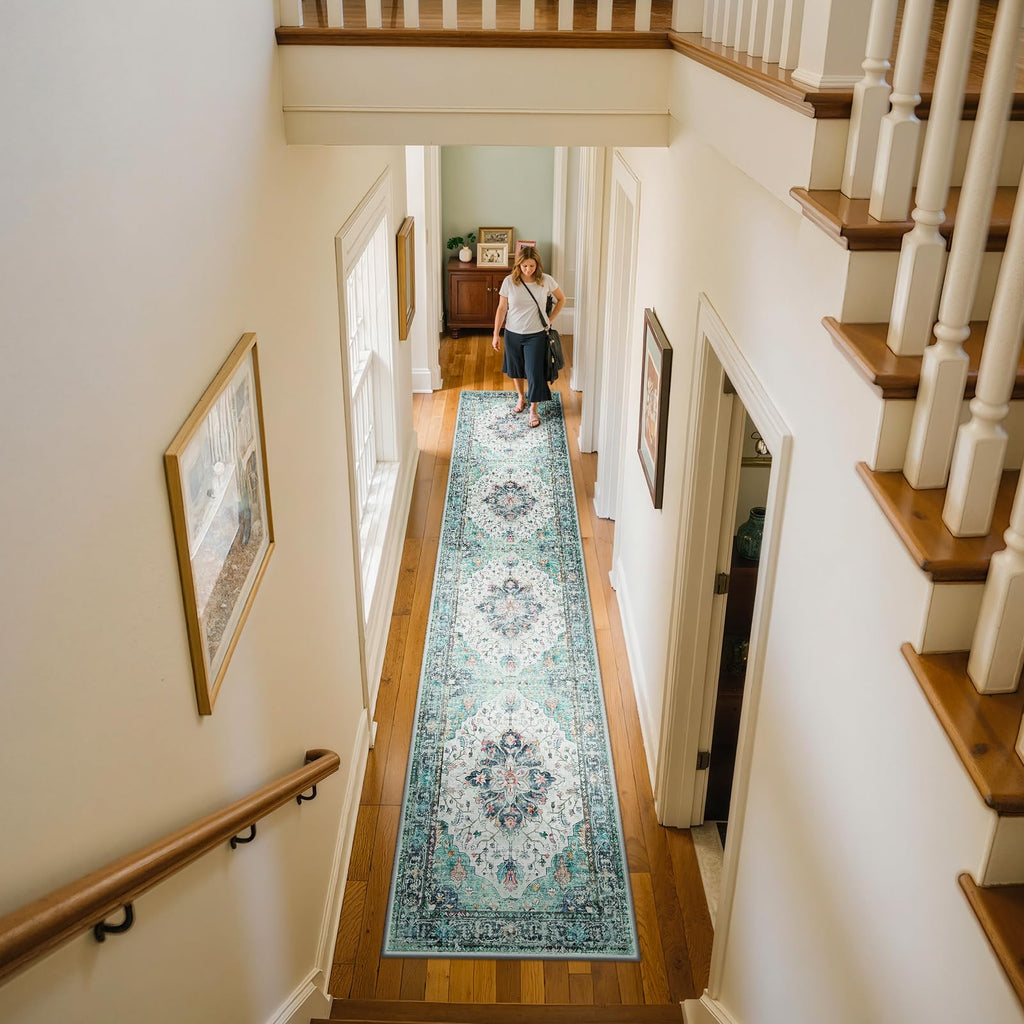 RELEANY Washable Area Rug, Runner 2'x10', Teal Green/White/Navy