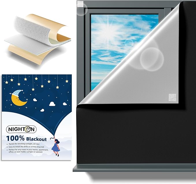 NIGHTON Portable Blackout Curtains 48"×60", Strong Hook and Loop Tape Strips with Adhesive, Cuttable Blackout Window Cover, 100% Black Out Material Blinds for Baby Nursery or Travel - Black Ⅰ