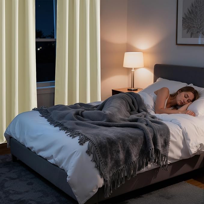 RYB HOME Bedroom Blackout Curtains 80 inches Long, 100% Blackout Thermal Insulated Noise Reducing Curtains for Living Room Nursury, 42 inches Wide by 80 inches Long, Beige