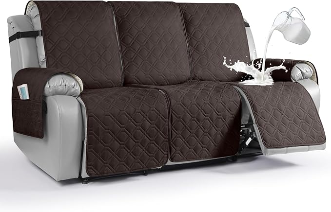VANSOFY Waterproof Recliner Couch Covers, Sofa Covers 1-Piece Washable Reclining Sofa Cover Non-Slip Furniture Protector with Elastic Straps Pocket for Dogs, Pets(Chocolate,3 Seater)