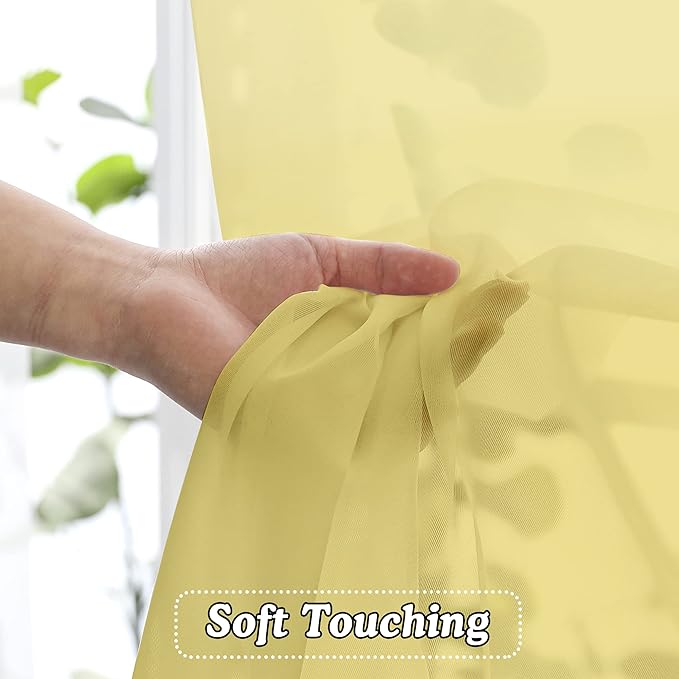 OVZME Mustard Yellow Half Window Sheer Curtains, Modern Top Dual Rod Pocket Light Filtering Voile Drapes for Small Window Cafe Sheer Curtains 2 Panels, 42W x 14L Inch