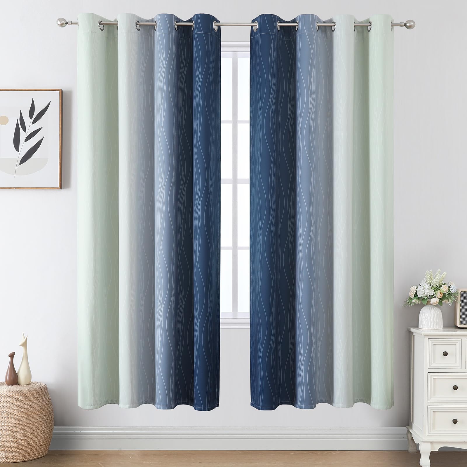 Sage Green and Navy Blue Ombre Blackout Curtains for Living Room 72 Inch