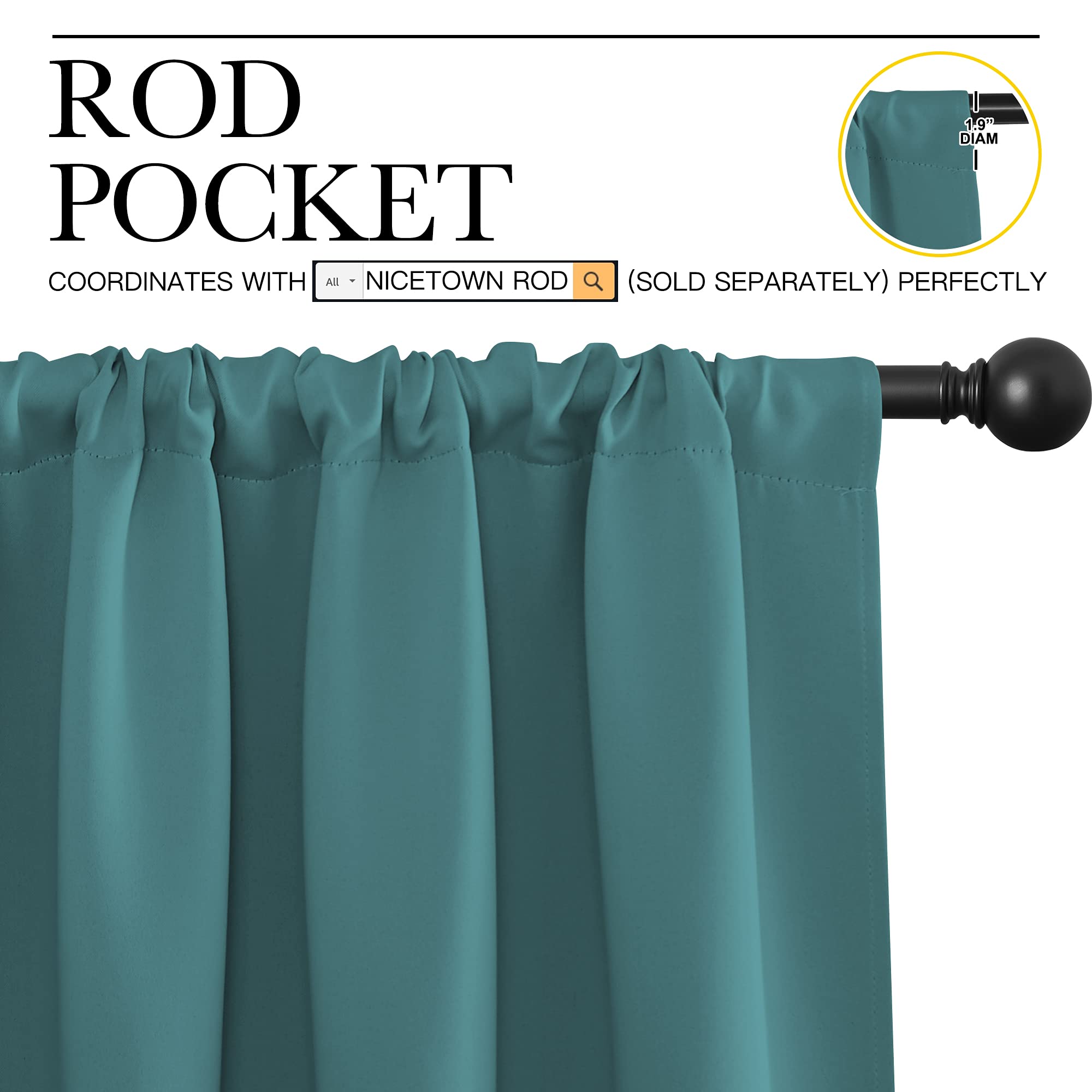 NICETOWN Living Room Curtains, Window Curtain Panels, Thermal Insulated Solid Rod Pocket Blackout Draperies/Drapes (Sea Teal, One Pair, 70 by 84-inch)