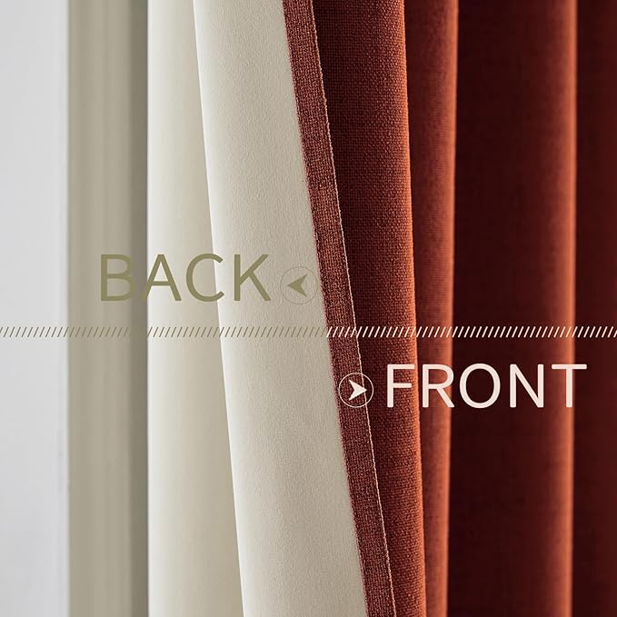 MIULEE 100% Blackout Linen Curtains for Bedroom Thermal Insulated Burnt Orange Grommet Room Darkening Curtains & Drapes Rust Terracotta Fall Decor for Living Room Nursery 52 x 108 Inch (2 Panels)