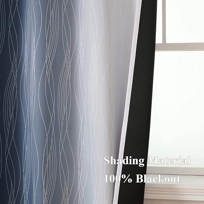 Navy Blue and Greyish White Blackout Curtains for Living Room 90 Inch Long