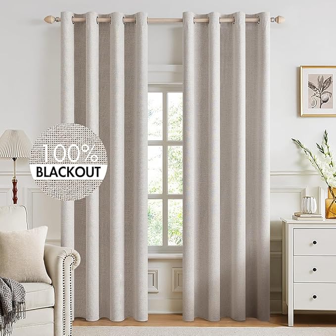 MIULEE 100% Blackout Linen Curtains for Bedroom 52x92 Inches Ivory