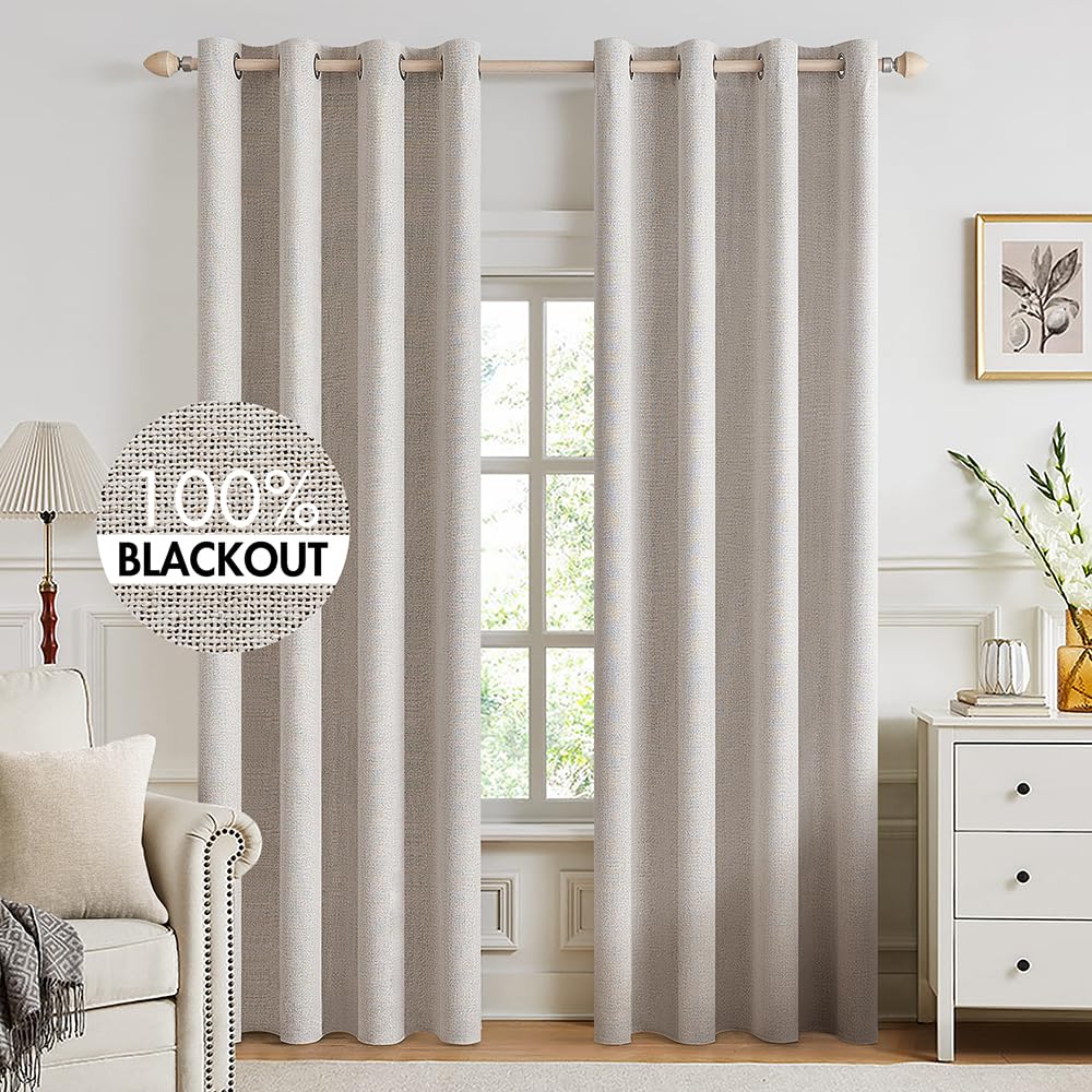 MIULEE 100% Blackout Linen Curtains for Bedroom 52x92 Inches Ivory