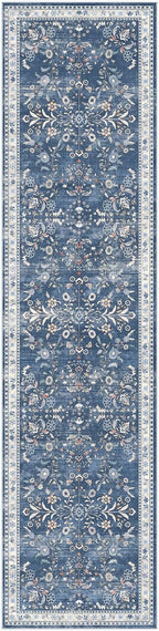 Yamaziot Washable Runner Rug 2x8 – Non Slip Boho Floral Hallway Runner Rug with Rubber Backing, Low Pile Wool Distressed Carpet for Kitchen, Laundry, Bedroom, Entrance, Blue