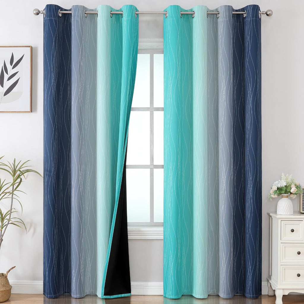 Navy Blue and Teal Gradient Blackout Curtains for Living Room 84 Inch Long