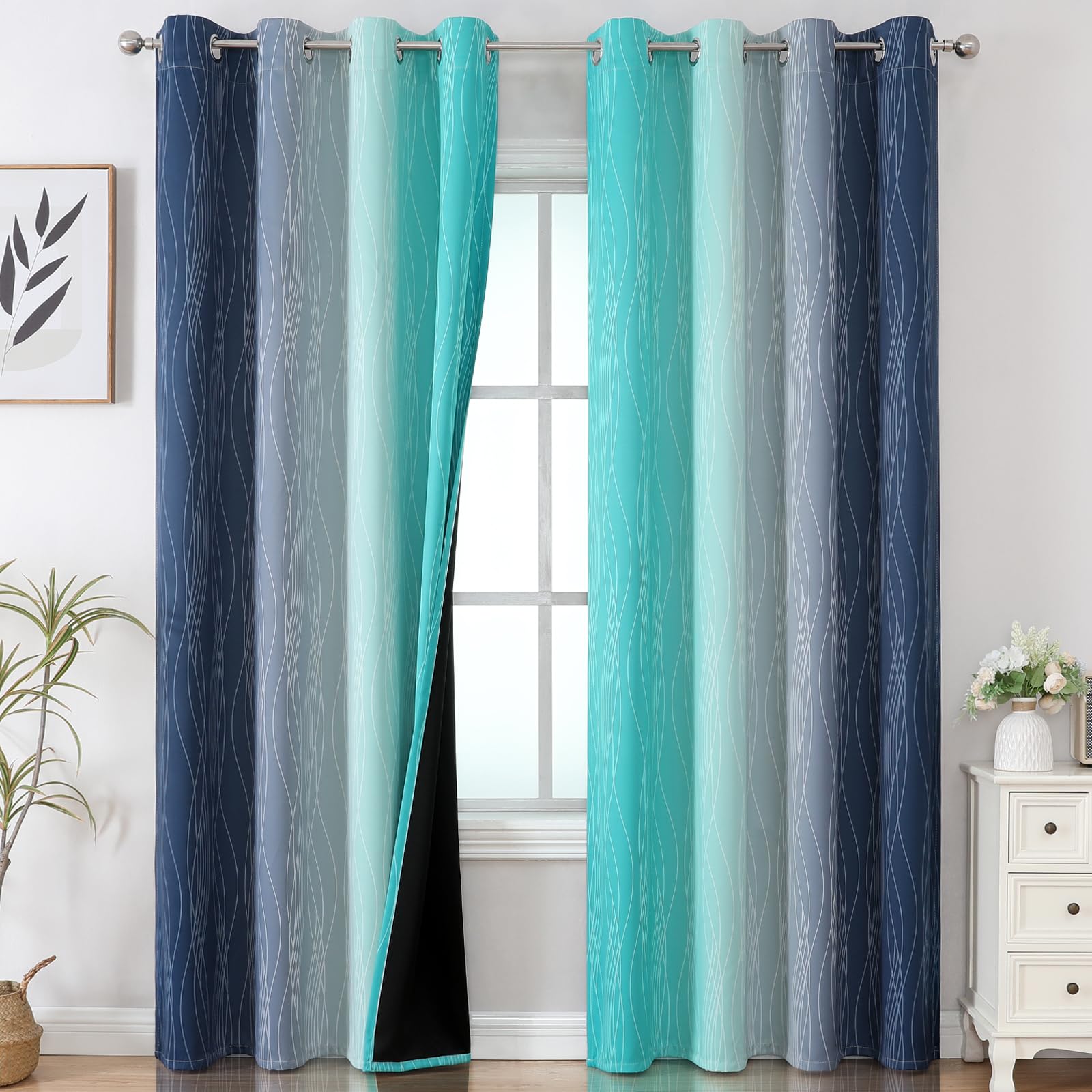 Navy Blue and Teal Gradient Blackout Curtains for Living Room 84 Inch Long